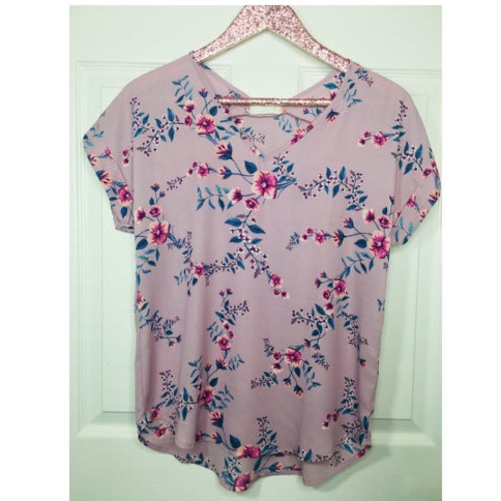 Lovely Pink Floral Print V-Neck Short Sleeve Top S